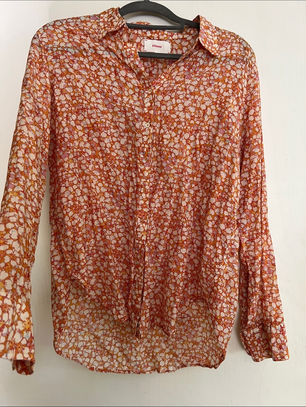 Xirena Orange and White Floral Button-Down Shirt cottton and silk blend